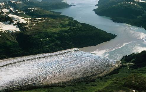 Aerial of Meares glacier, Prince William Sound, Alaska