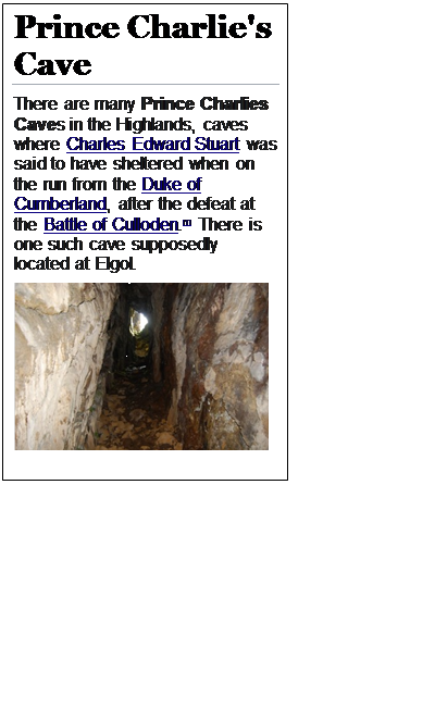 Text Box: Prince Charlie's Cave
There are many Prince Charlies Caves in the Highlands, caves where Charles Edward Stuart was said to have sheltered when on the run from the Duke of Cumberland, after the defeat at the Battle of Culloden.[1] There is one such cave supposedly located at Elgol.
 









