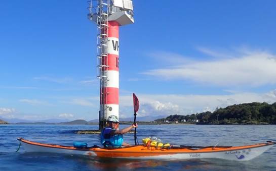 A person in a canoe in front of a red and white tower

Description automatically generated with low confidence