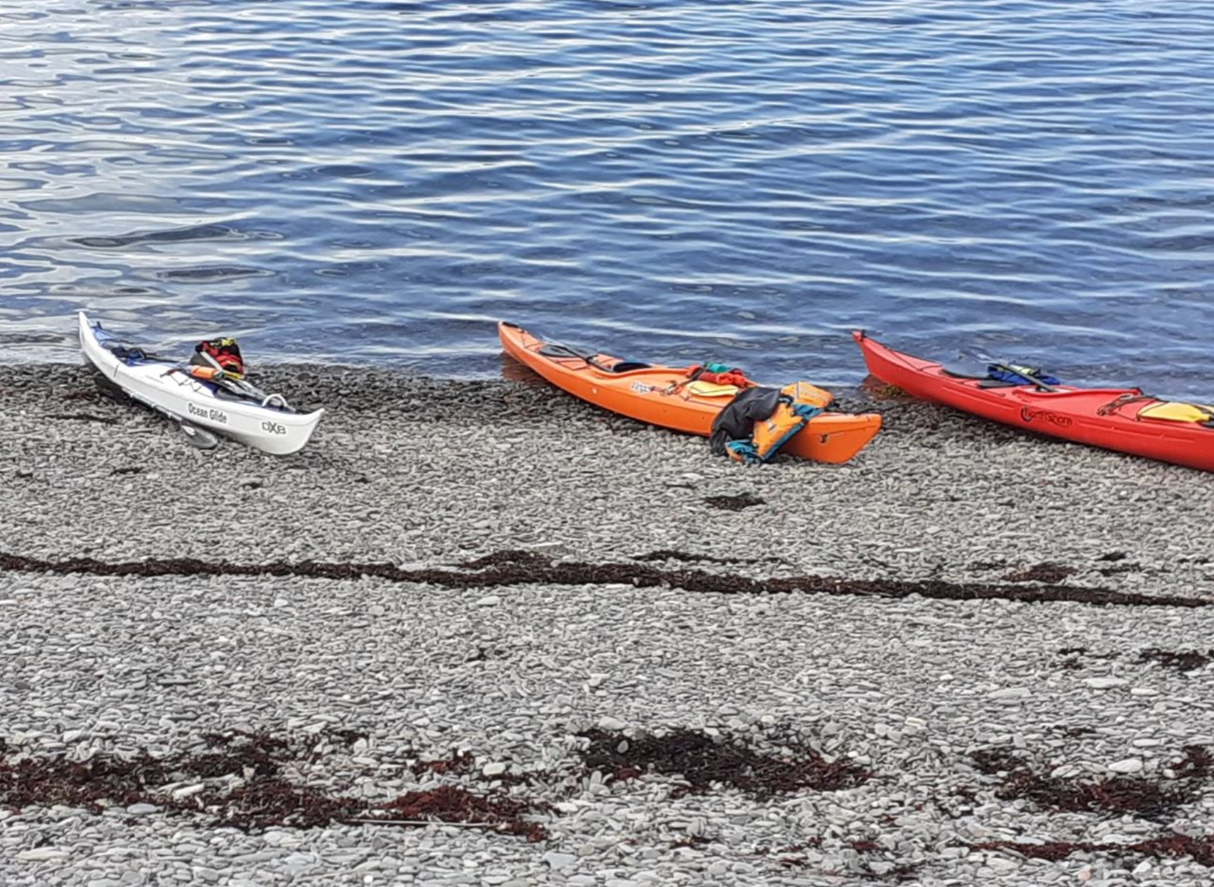 A group of kayaks on a rocky beach

Description automatically generated