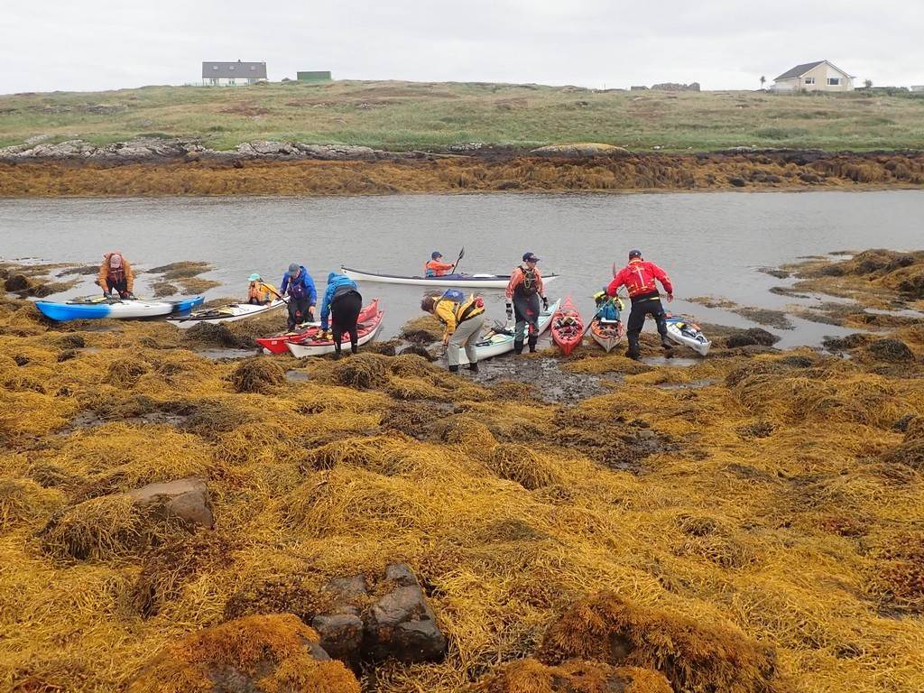 A group of people in kayaks on a rocky shore

Description automatically generated
