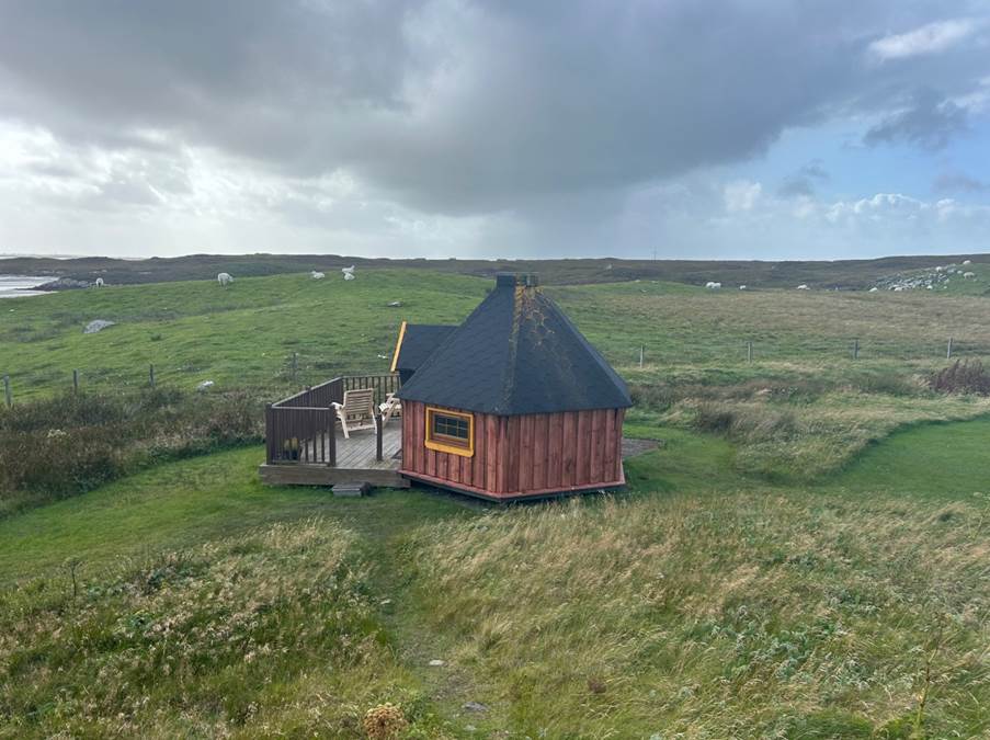 A small house in a grassy field

Description automatically generated