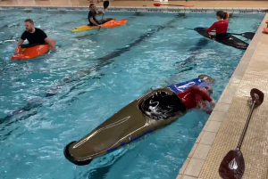 A group of people in a pool with a dolphin in it Description automatically generated with low confidence