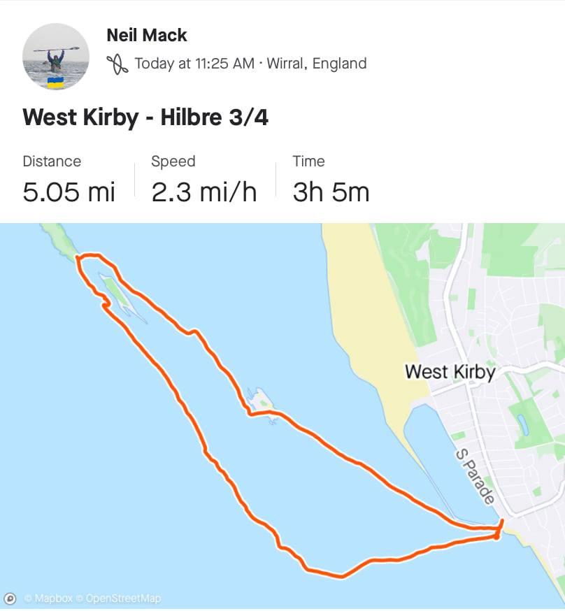 May be an image of text that says "Neil Mack Today at 11:25 AM Wirral England West Kirby Hilbre 3/4 Distance 5.05 mi Speed 2.3 mi/h Time 3h 5m West Kirby S Parade Mapbox OpenStreetMap"