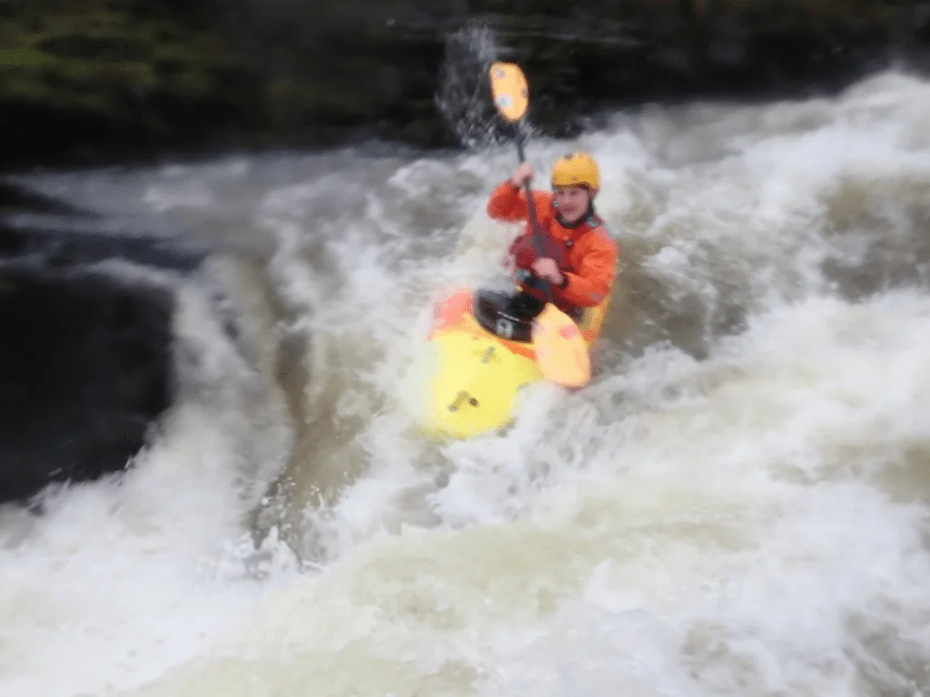 Harry paddling the Strid on the river lune