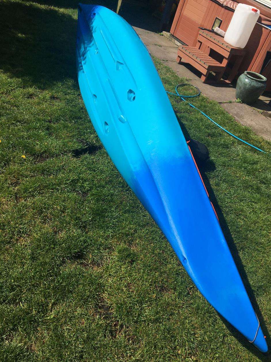 A blue kayak on grassDescription automatically generated with medium confidence
