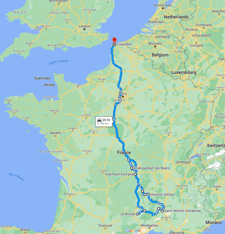 A map of france with a route Description automatically generated with low confidence