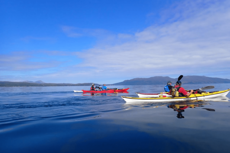A group of people in kayaks on a lake Description automatically generated