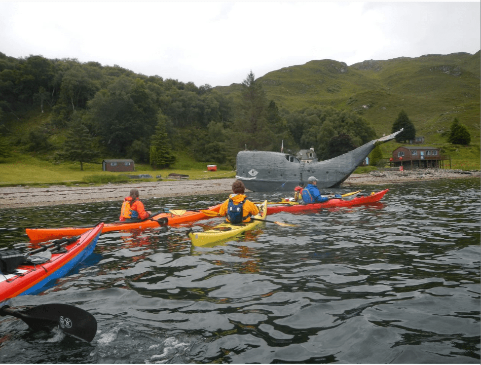 A group of people in kayaks on a lakeDescription automatically generated