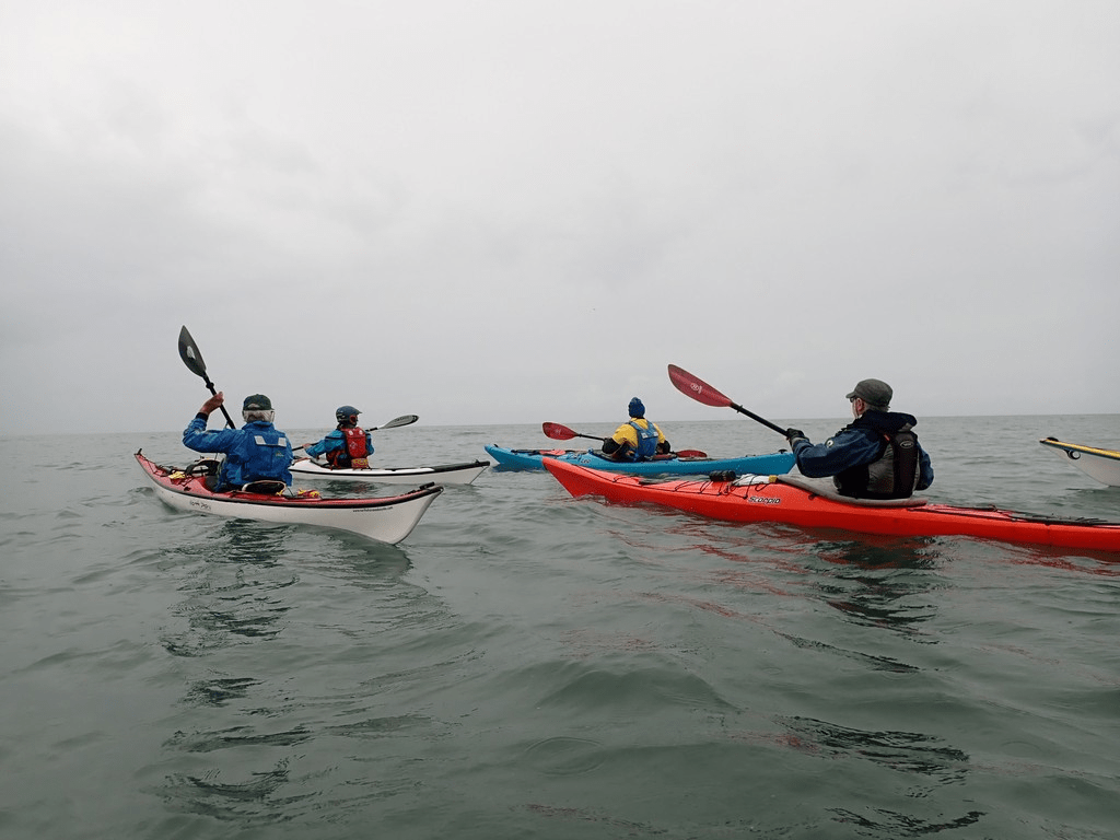 A group of people in kayaks on the waterDescription automatically generated