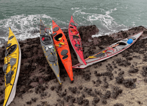 A group of kayaks on a rocky beach Description automatically generated