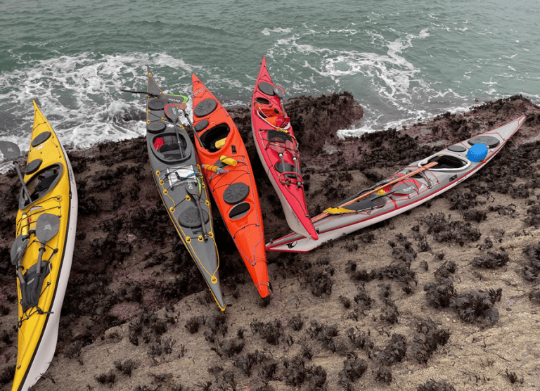 A group of kayaks on a rocky beach Description automatically generated