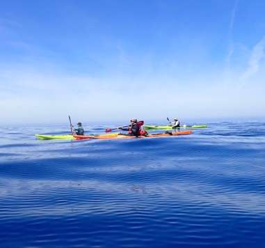 A group of people in kayaks on the water

Description automatically generated