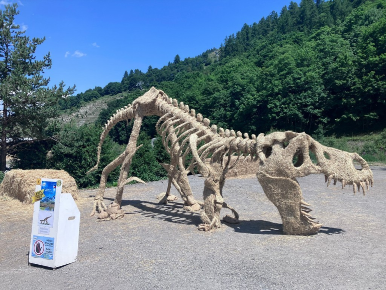 A dinosaur skeleton outside with trees in the background Description automatically generated