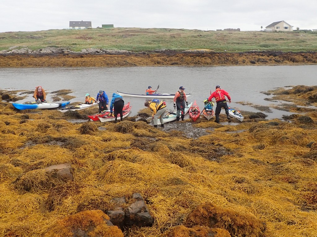 A group of people in kayaks on a rocky shoreDescription automatically generated